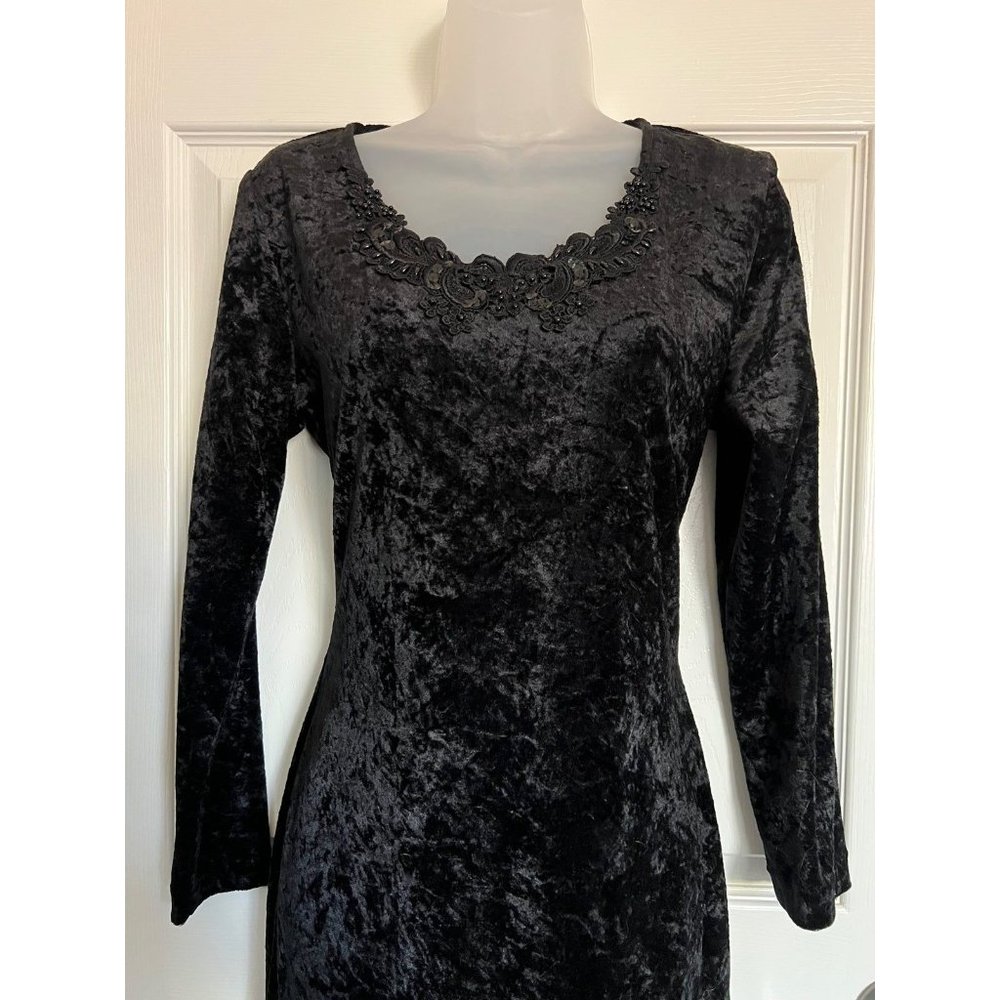 Vintage Velvet Sequined Midi Dress Morticia Addams Vibes Black Dress